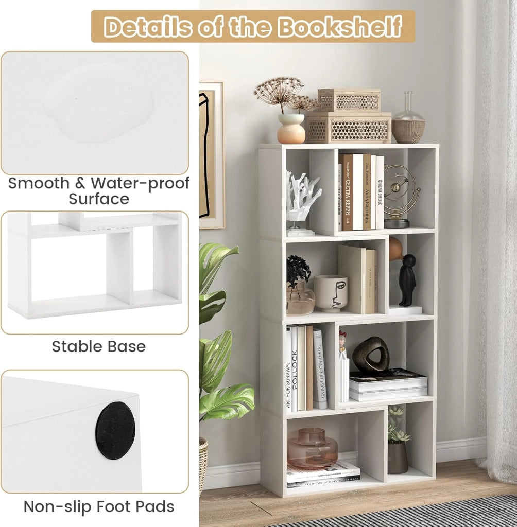 Libreria Mobile Portaoggetti a 8 Cubi, Scaffale Portaoggetti Camera da Letto con Kit Antiribaltamento, Libreria Autoportante in Legno per Soggiorno, Ufficio, 60 x 20 x 120 cm (Bianco)