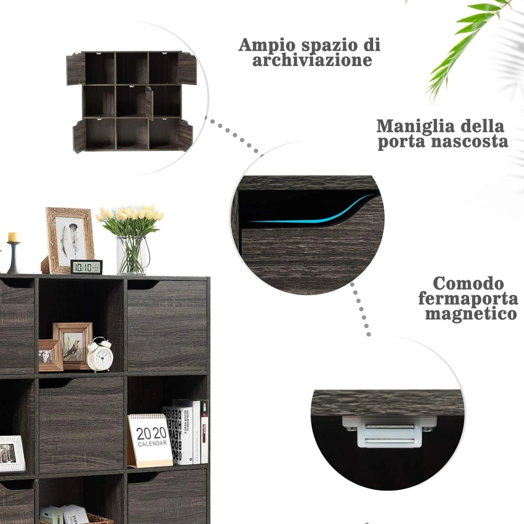 Libreria Scaffale a 9 Cubi e 5 Ante, Scaffale Espositivo in Legno Salvaspazio con 4 Ripiani Aperti, Libreria per Camera da Letto, Soggiorno, Salotto e Ufficio, 90 x 29 x 90 cm (Grigio Scuro)