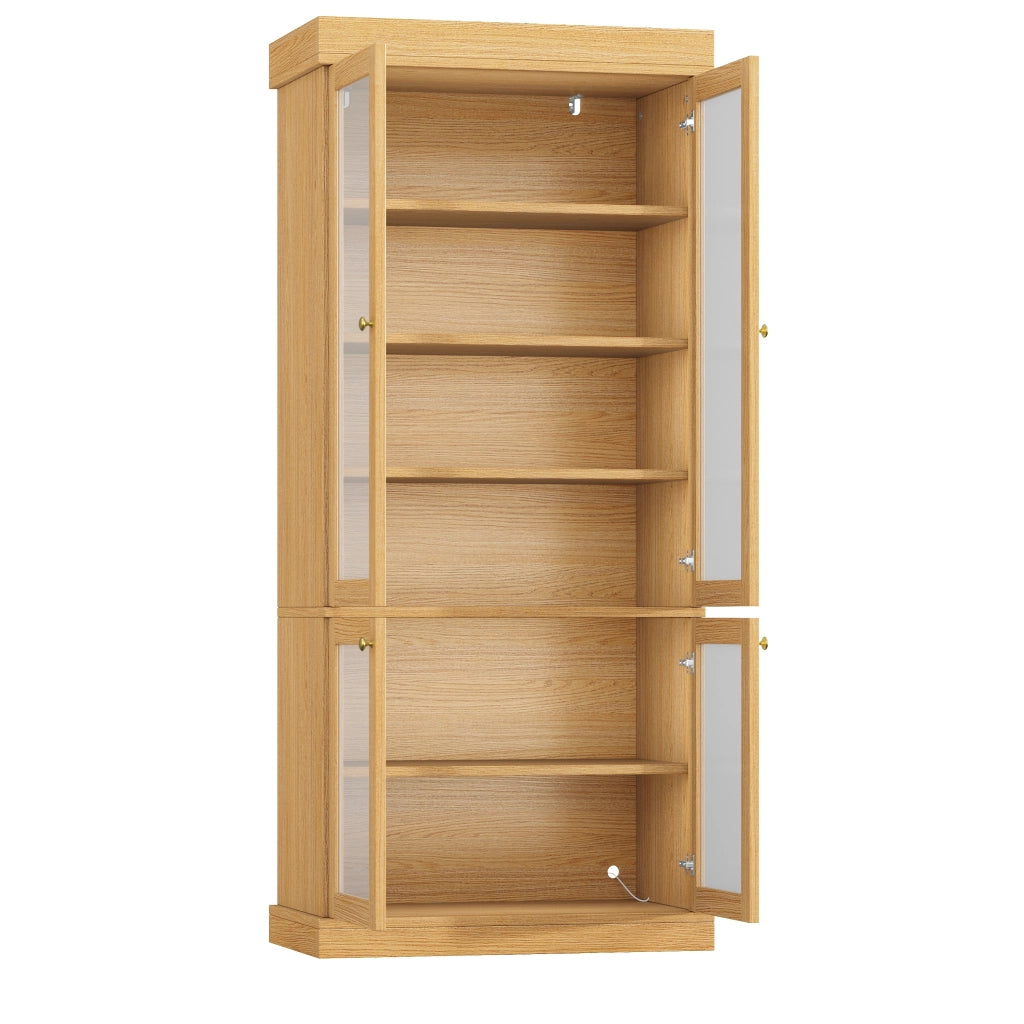 Vetrina, libreria, luci a LED, ante in vetro, dispositivo antiribaltamento, colore del legno grezzo