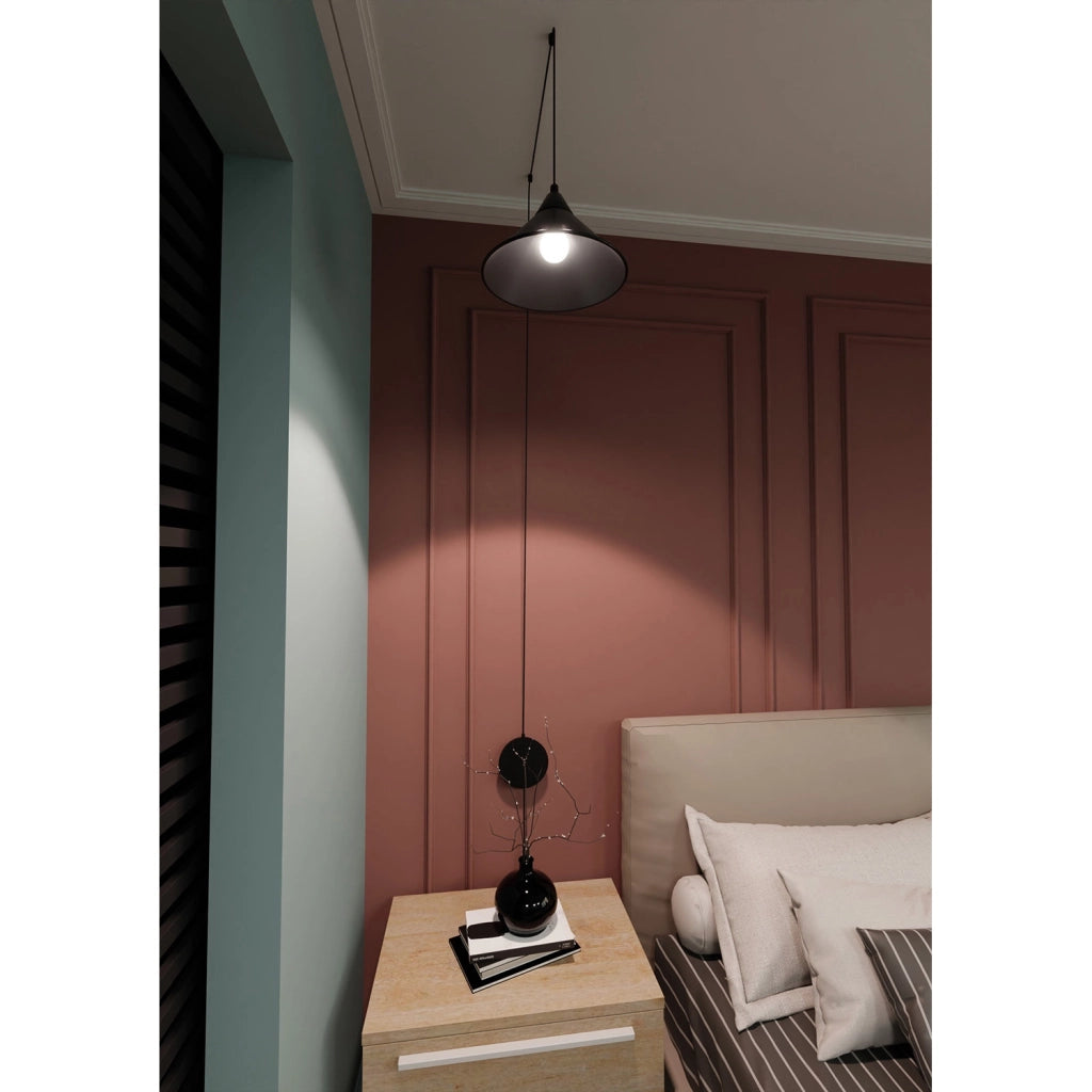 Sospensione Minimal 1 Luce Fujin In Acciao Nero E Paralume A Cono