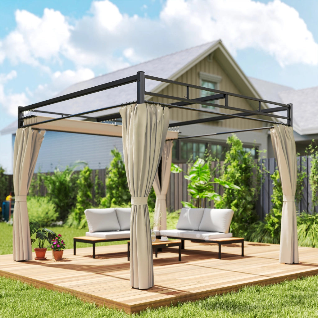 Pergola da Giardino con Tetto Retrattile e Tende ¨C zephmum ¨C Beige 3x3m