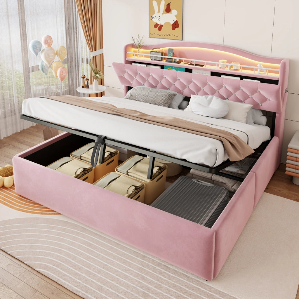 LETTO Contenitore 180x200 cm in Velluto Rosa con LED USB e USB-C