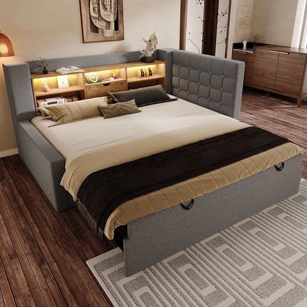 Letto imbottito 90x200cm con letto estraibile 90x190 - Xylo - Testiera a L con illuminazione LED e spazio di archiviazione