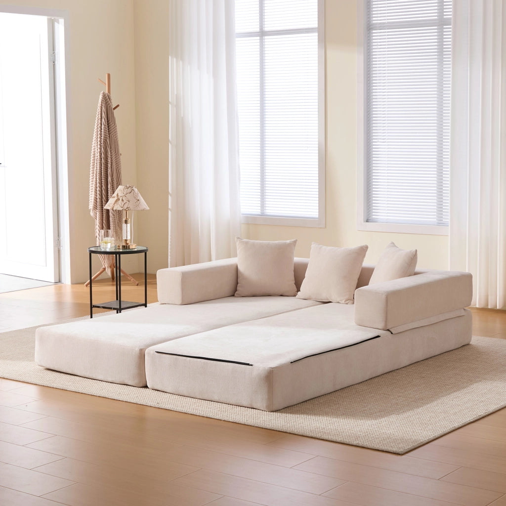 divano modulare in chenille con tasche laterali e base antiscivolo; beige