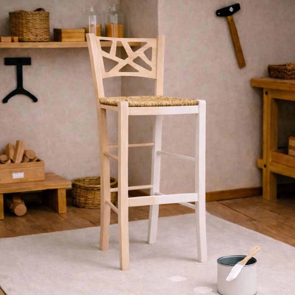 Sgabello alto  bar sissy in legno grezzo da verniciare h 73 con seduta in paglia