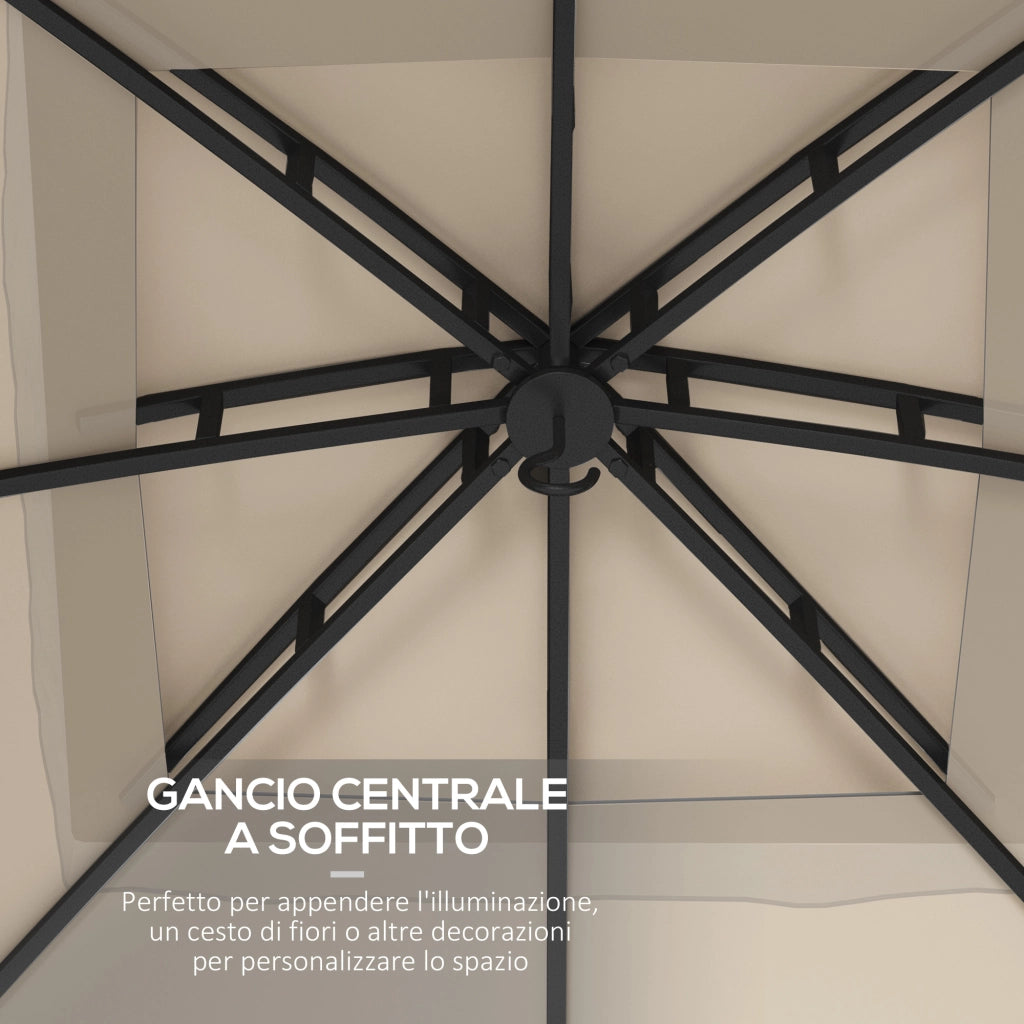 Gazebo da Giardino 3x3m ¨C zephmum ¨C Acciaio, Doppio Tettuccio, Tende, Beige e Grigio