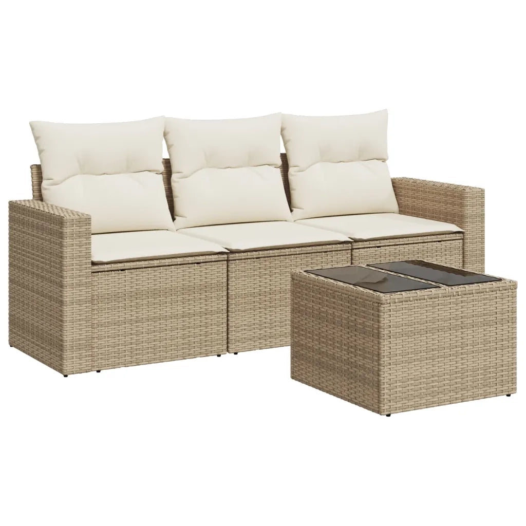Set Divano da Giardino 4 pz con Cuscini Beige in Polyrattan