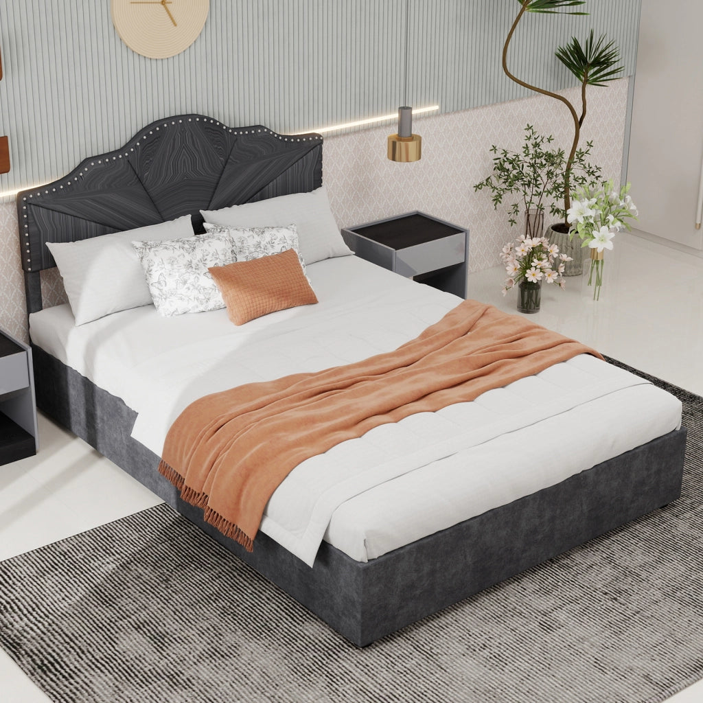 Letto Contenitore 160 x 200 cm con Testiera Geometrica e Rete a Doghe in Grigio