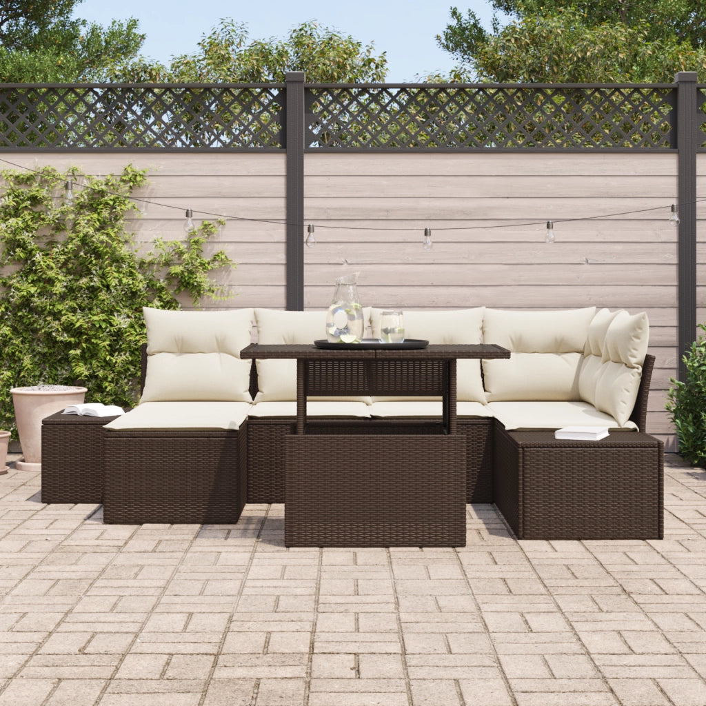 Set da giardino 7 pezzi con cuscini in polyrattan marrone