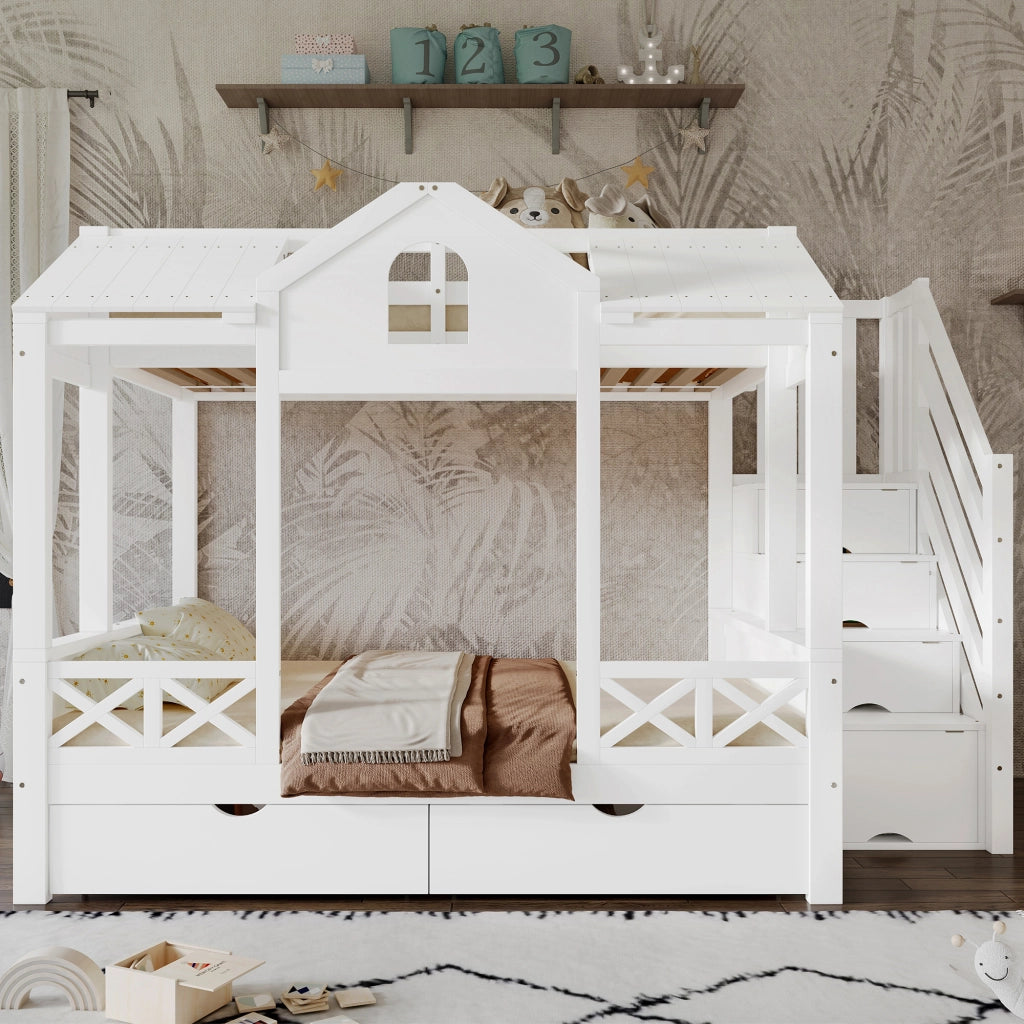 OKWISH Letto a castello 90×200 cm e 140×200 cm, Letto 3 Posti con 2 Cassetti, Mobile Scala e Design Casetta, senza Materasso