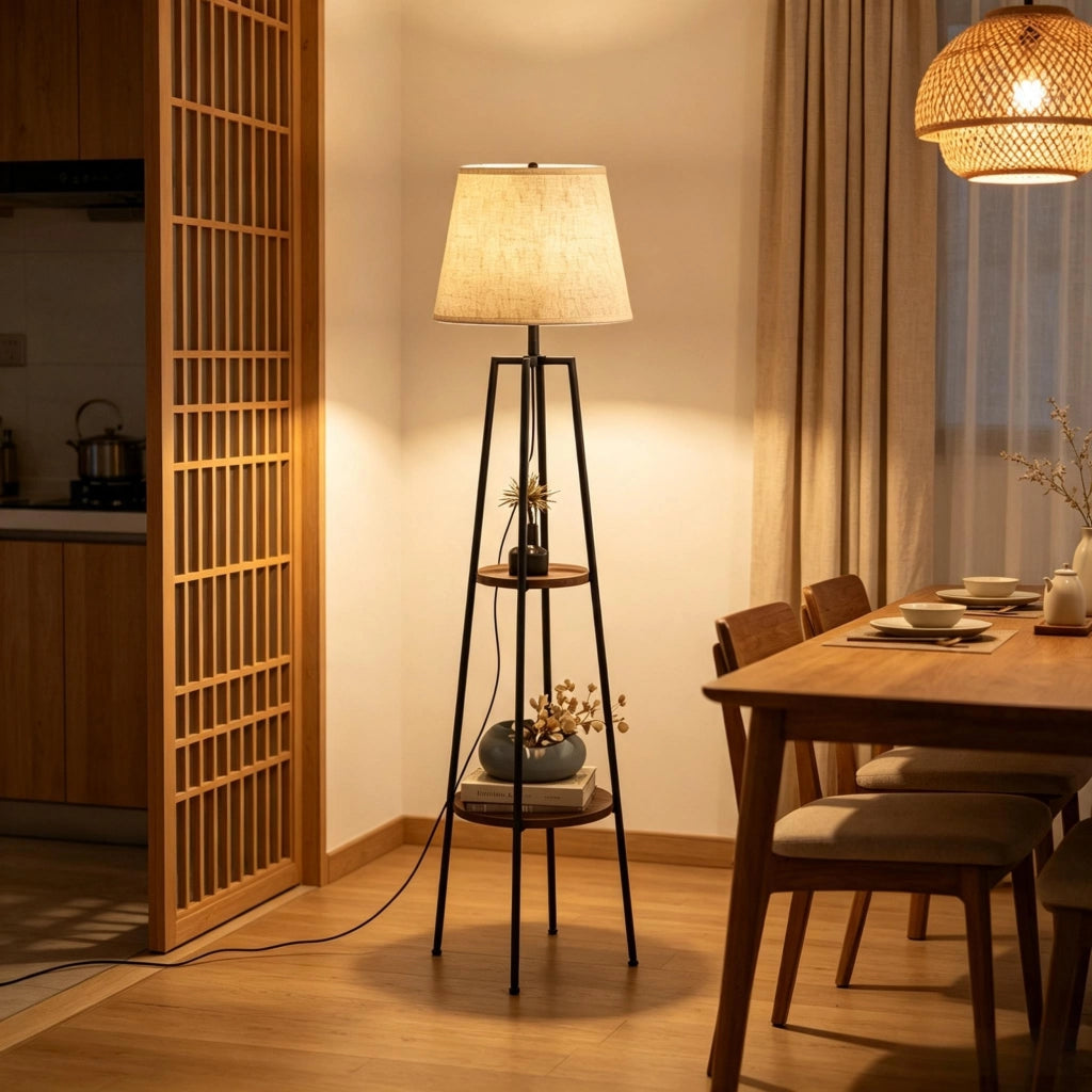 Lampada da terra moderna con ripiani integrati, lampada da terra con base a tre gambe, lampada da terra elegante (solo lampada da terra, lampadina non