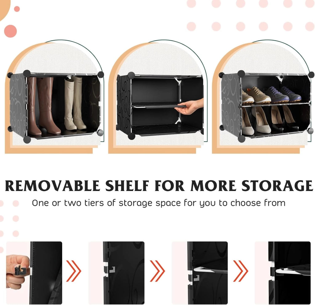 Scatola per scarpe con 12 cubi con ripiano rimovibile, mobile da 48 paia, 5 ganci da appendere, 12 ante 124 x 32 x 125 cm, per corridoio, ingresso, soggiorno, nero (Nero)