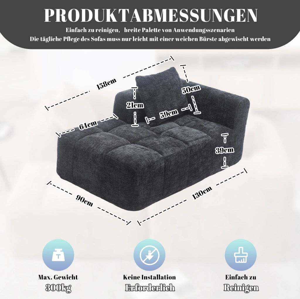 chaise longue 158x90x60 cm in ciniglia nera con cuscino e tasche laterali