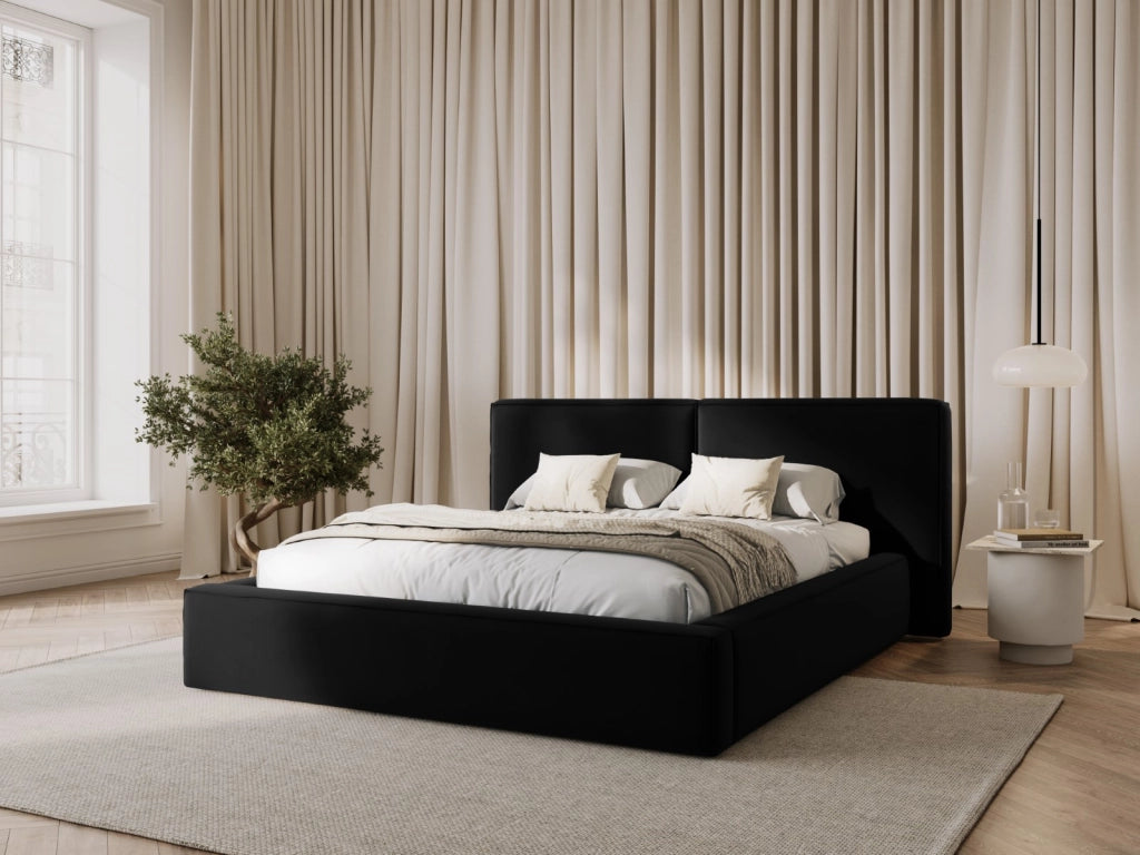 Cosmopolitan Design - Letto a cassettone con testiera doppia "Arendal" 180x200cm in velluto nero 