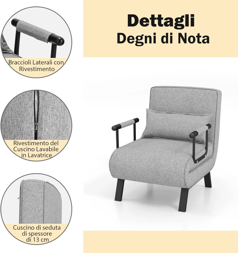 4 in 1 Poltrona Letto Singolo, Poltroncina Pieghevole con Schienale Regolabile in 6 Posizioni, Sedile Imbottito Robusto, Divano Letto per Casa Ufficio, 79x65x79 cm (Grigio chiaro)