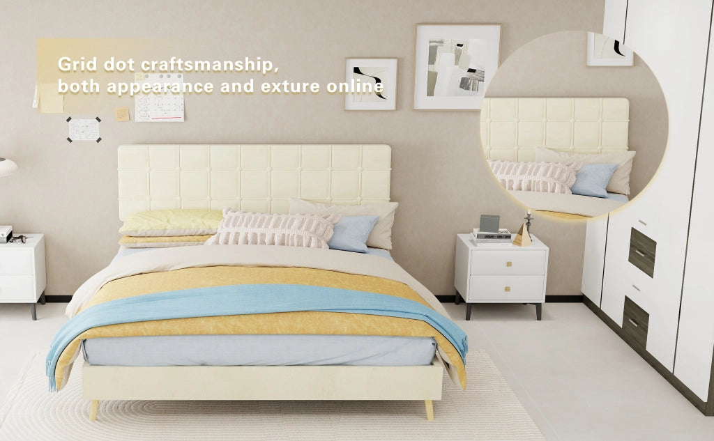 Letto matrimoniale 160 × 200 cm con testiera trapuntata, gambe in legno, senza materasso, beige