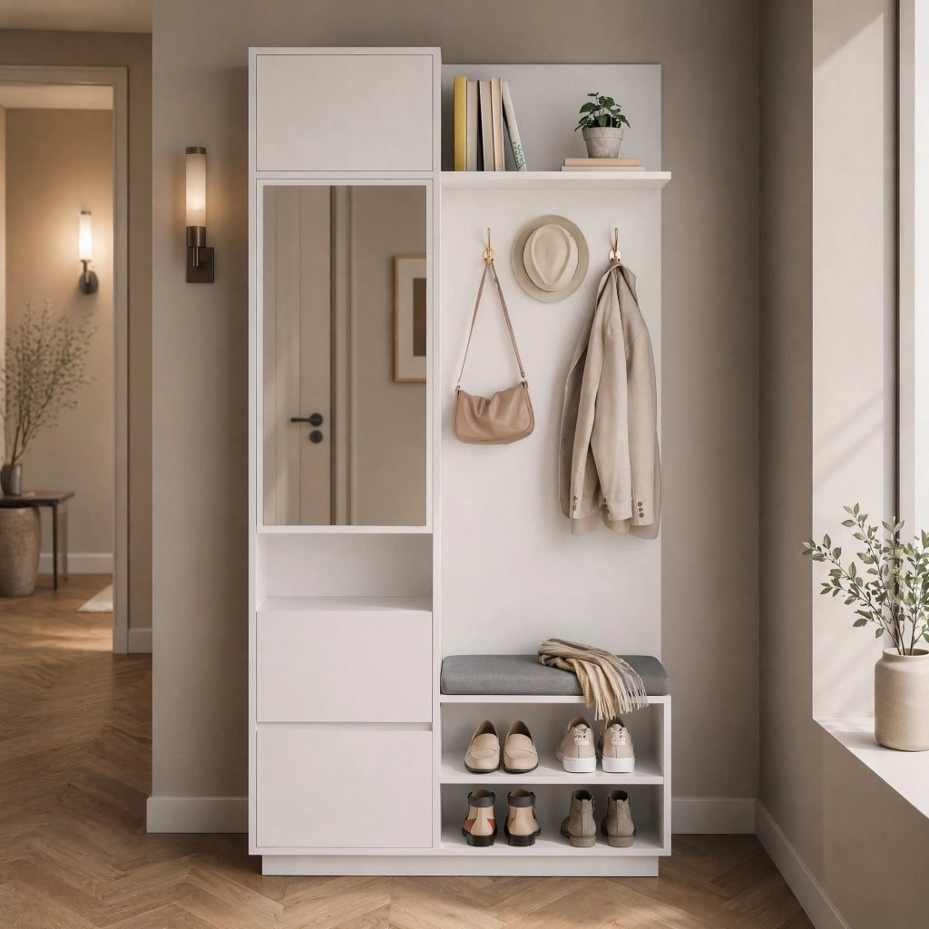 Set mobili da ingresso con armadio a specchio, panca portascarpe, cassetti e ganci, in MDF bianco