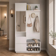 Set mobili da ingresso con armadio a specchio, panca portascarpe, cassetti e ganci, in MDF bianco