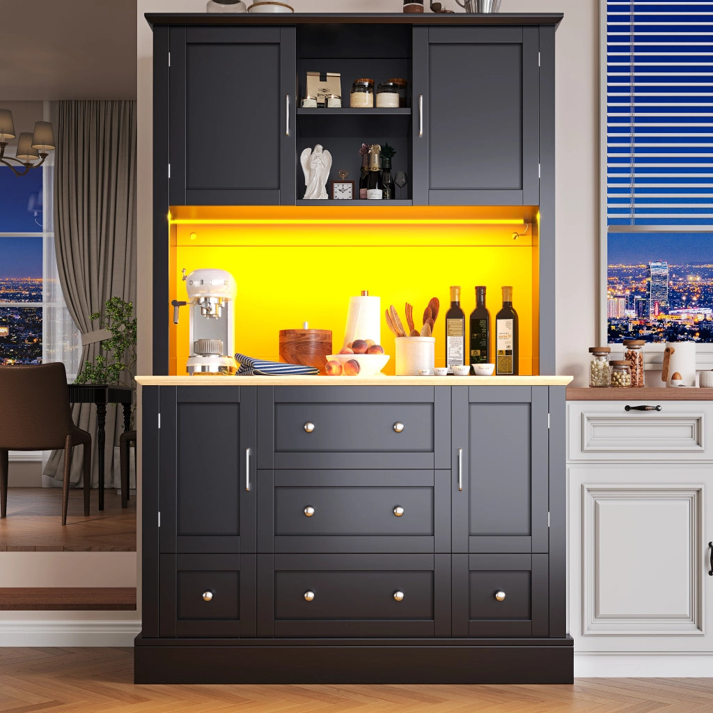 Vetrina da Cucina Alta con 3 Cassetti e LED; Design Moderno; per Cucina o Soggiorno; in MDF; Nero e Naturale; 115x40x180 cm
