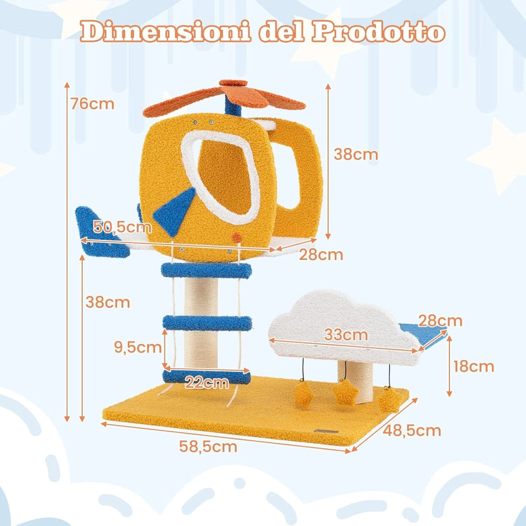 Tiragraffi per Gatti a Tema Aviatorio, Albero per Gatti con Posatoio a Forma di Elicottero, Palo, Piattaforma, Scala e 3 Giocattoli Sospesi, Torre per Animali Domestici Interno