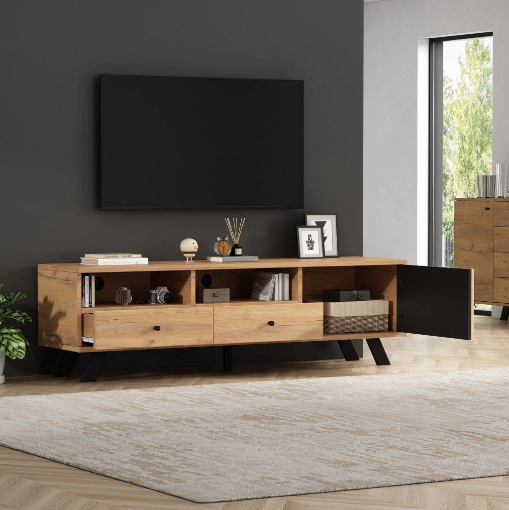 Mobile TV 150 cm con 2 cassetti e vano chiuso, legno e nero