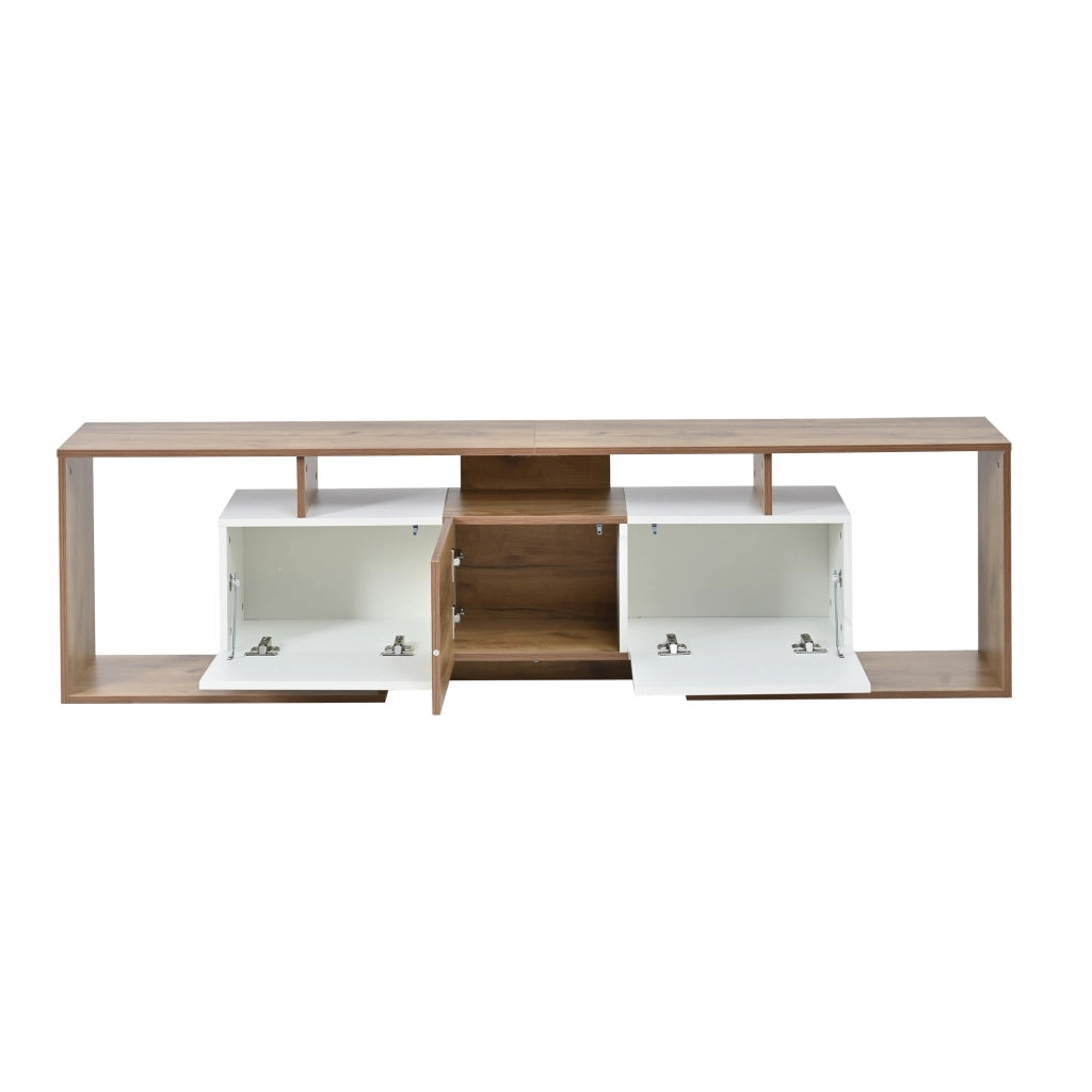 Mobile TV moderno 180x30x49 cm con 2 ante a ribalta, 1 anta e 3 vani aperti, bianco e effetto legno naturale