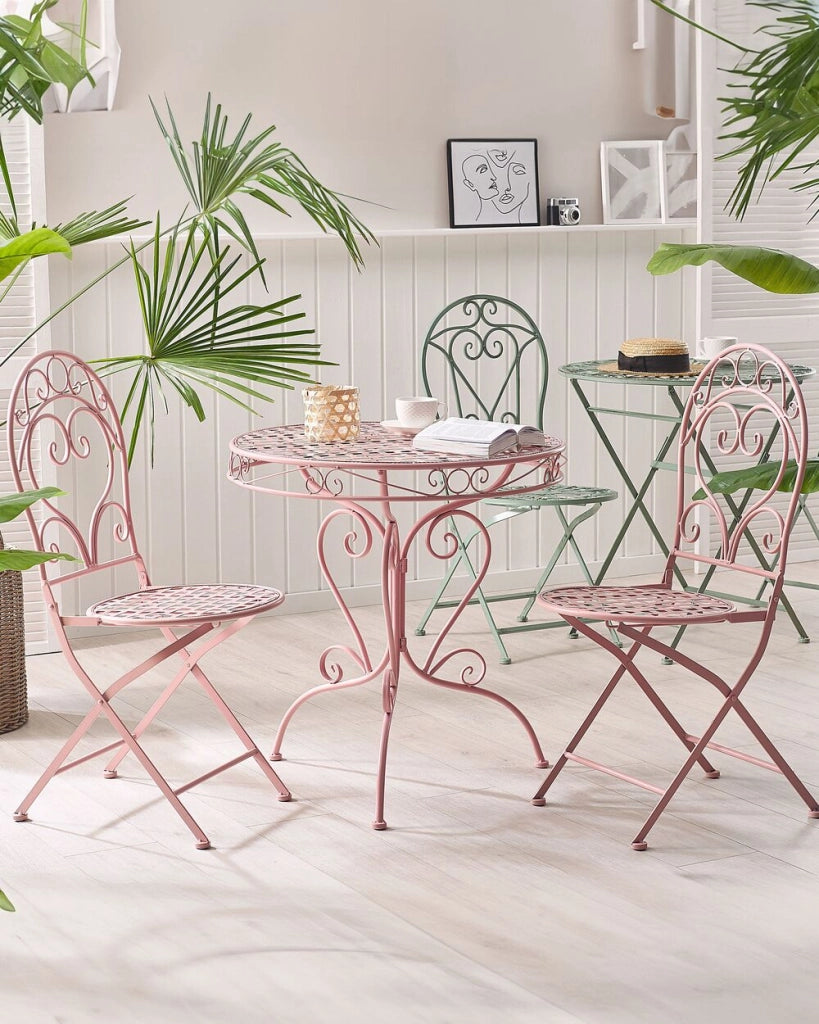 Set da esterno di 2 sedie con schienale a volute in metallo verniciato a polvere rosa