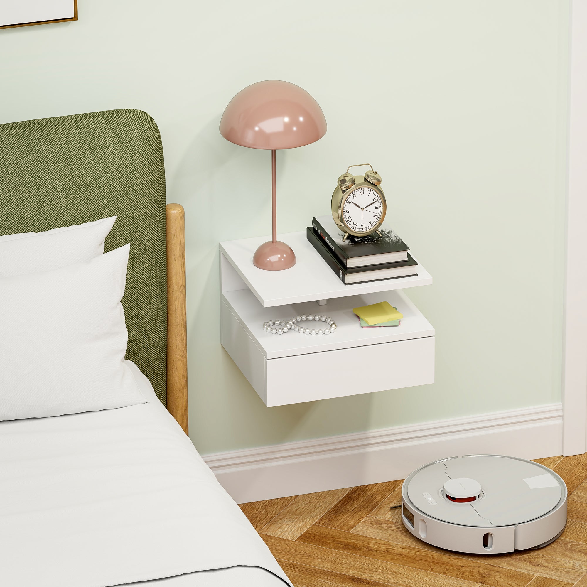 Comodino Sospeso per Camera da Letto 35x32x22,5 cm con Cassetto in Legno Bianco