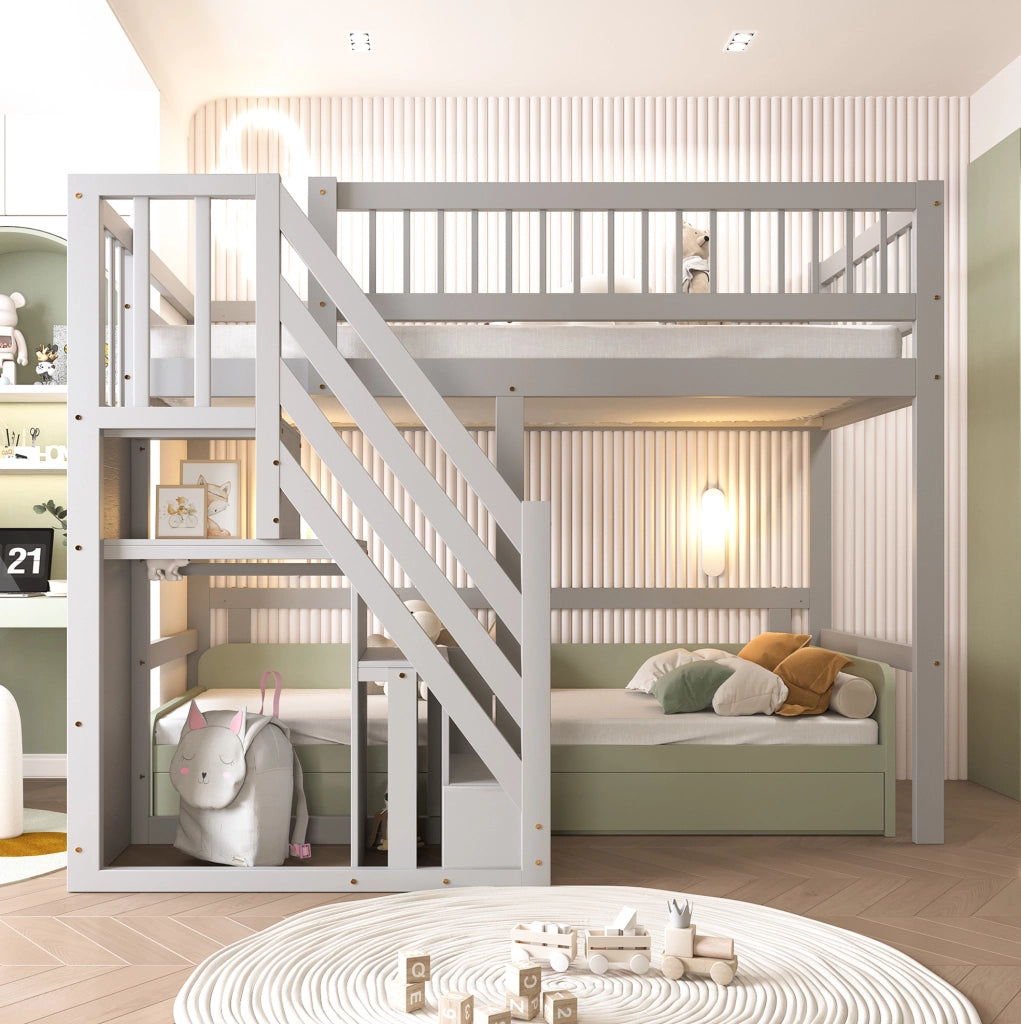 Letto singolo rialzato grigio 90x200 con scala contenitore