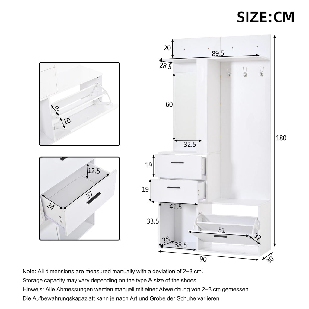 Mobile da ingresso con specchio a figura intera, 2 cassetti, scarpiera ribaltabile e 3 ganci, in MDF, bianco 90 × 30 × 180 cm