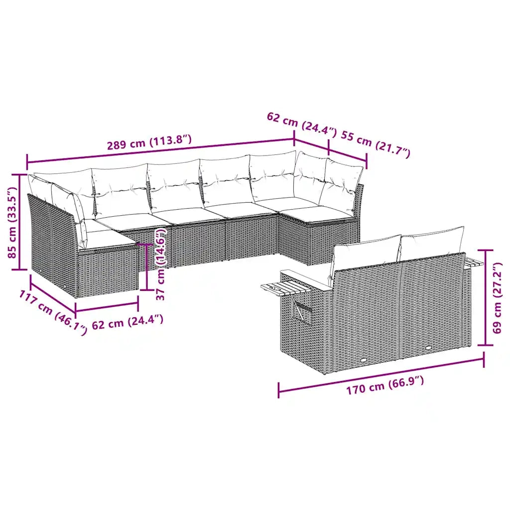 Set Divano da Giardino 9 pz con Cuscini Grigio in Polyrattan