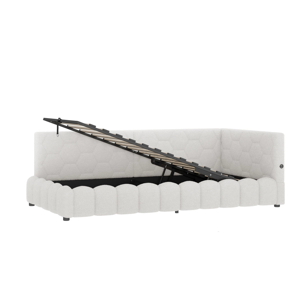 Letto daybed 90x200 cm con rete a doghe, contenitore idraulico, LED, USB e Type-C, senza materasso, bianco