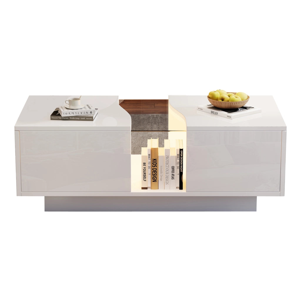 Tavolino da caffè moderno bianco lucido con LED, 100 x 50 x 35 cm, con 2 cassetti e piano in acrilico, struttura in MDF