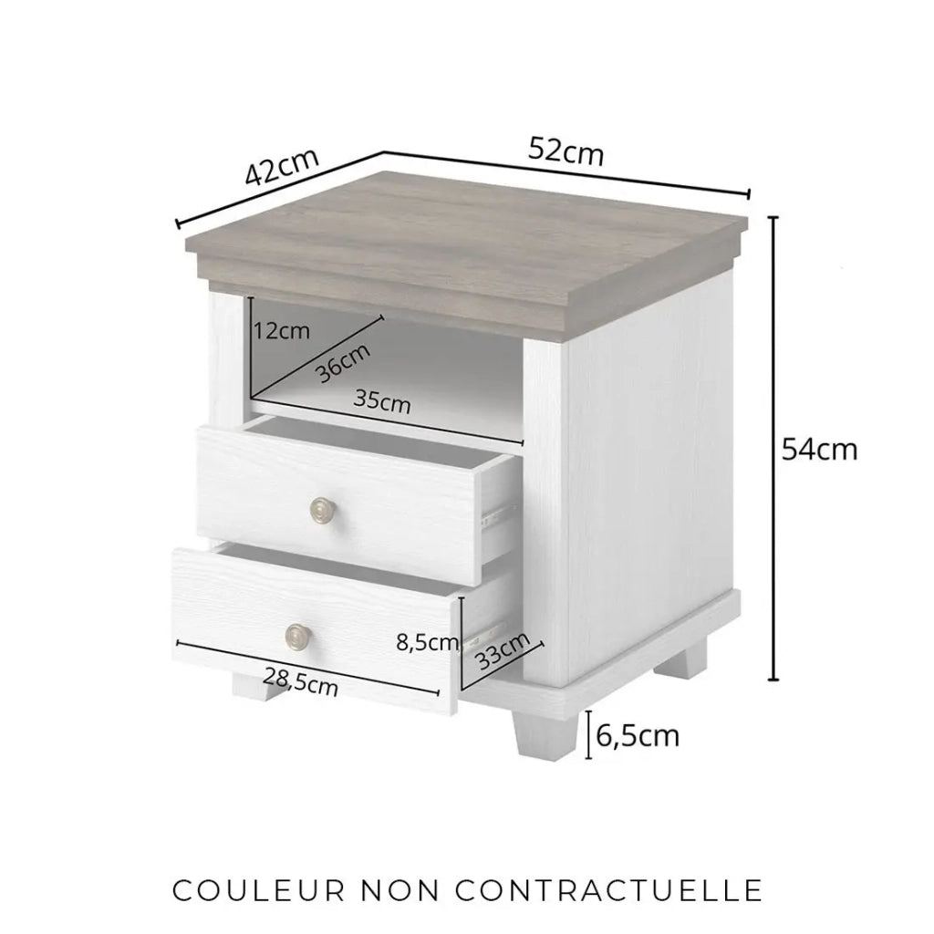 Tavolino da notte ASSIA – 2 cassetti + 1 nicchia – Verde kaki e quercia – Stile contemporaneo