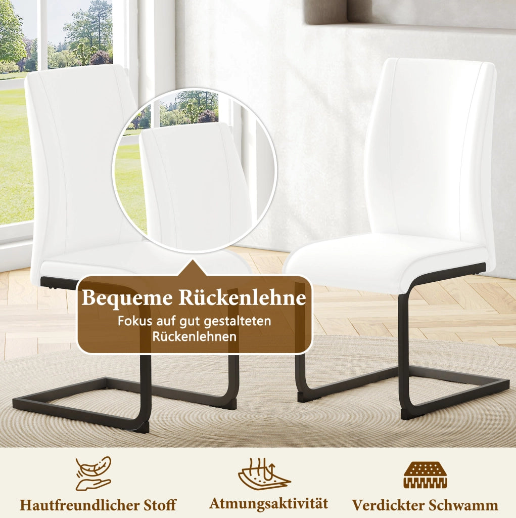 Sedia da pranzo in ecopelle bianca con schienale ergonomico e gambe in metallo nero
