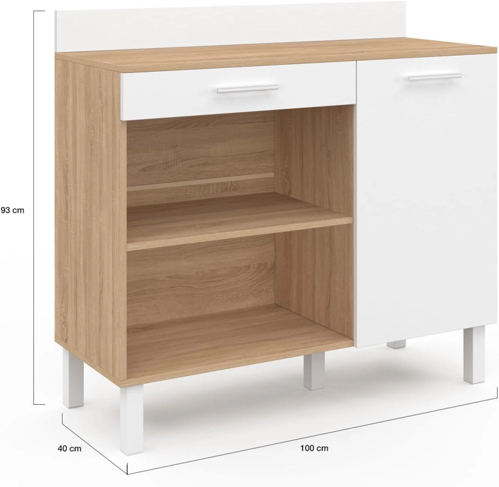 Credenza bassa 100 cm Piano di lavoro CINA H.83 cm 1 anta + 1 cassetto finitura faggio e bianco