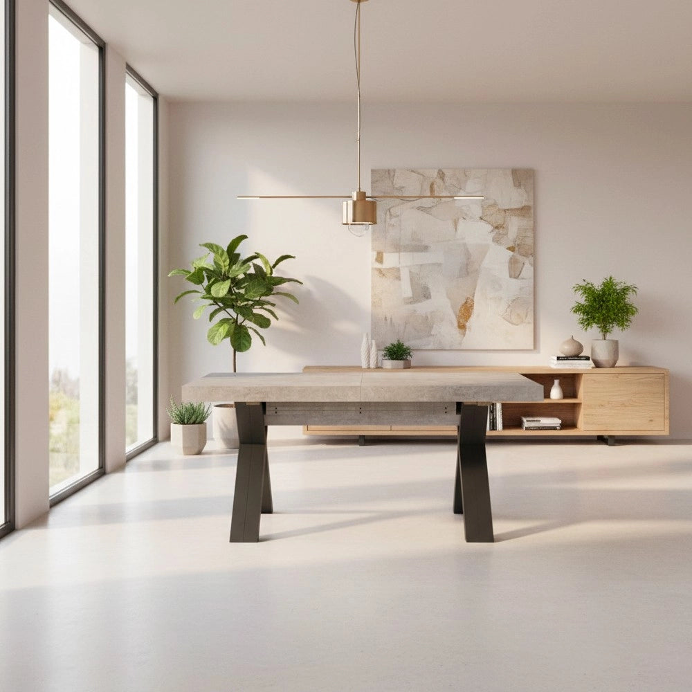 Tavolo Allungabile Milonga480 180 cm con Piano Cemento e Gambe Incrociate Antracite