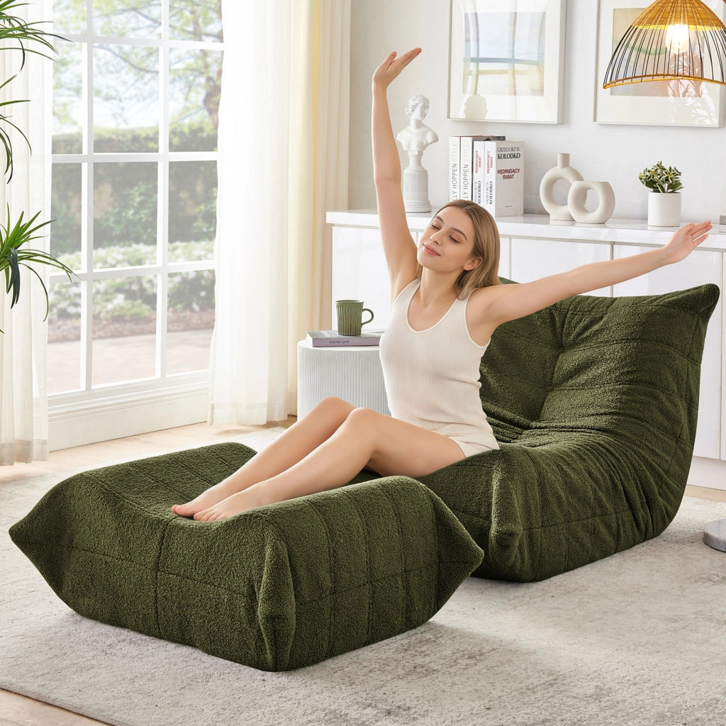 Poltrona Lazy con schienale e pouf - Zephmum- Morbido peluche verde