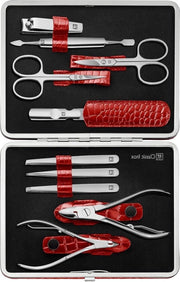 Kit manicure a pedicure 10 pezzi in acciaio inossidabile classico con cassetta in pelle rossa