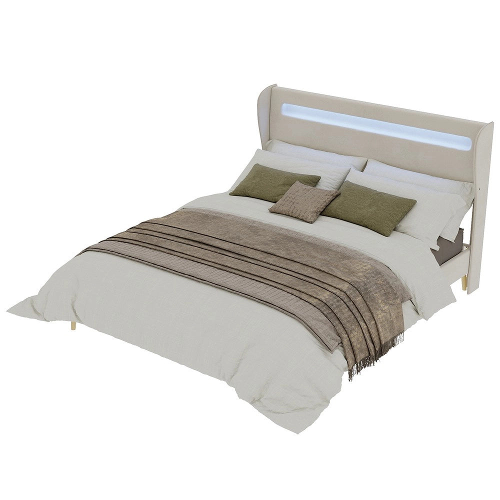 Letto imbottito con testiera LED ¨C Minimal ¨C Beige 160x200 cm
