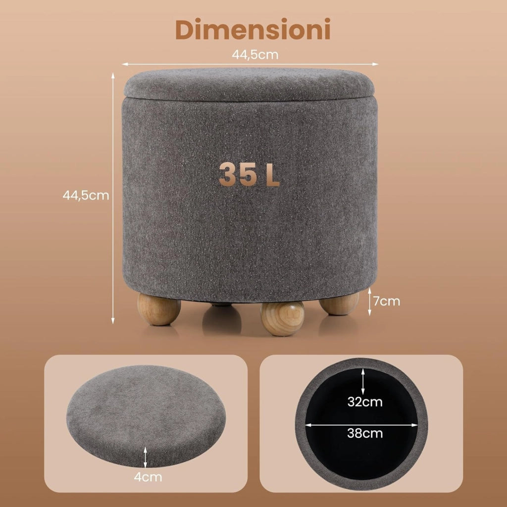 Pouf Contenitore 35 L, Ottomano in Tessuto Ciniglia con Coperchio Rimovibile, Sgabello con Gambe in Legno di Gomma, Portata 150 kg, per Soggiorno e Camera da Letto (Grigio)
