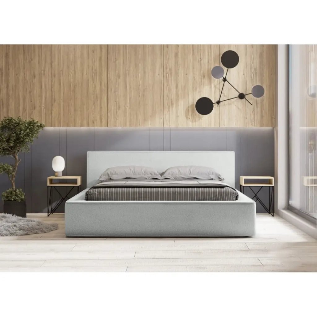 Letto contenitore VELORA – Bianco riccio – 140x200 cm – Tessuto effetto lana – Rete sollevabile – Contenitore integrato