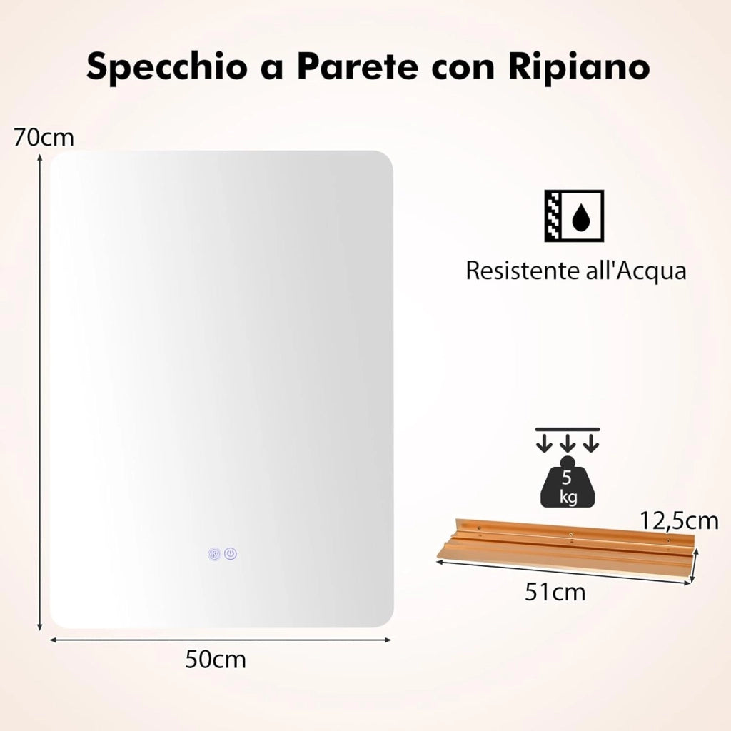 Specchio da Parete 70 x 50cm, Specchio Bagno Rettangolare con Luci Led a 3 Colori, Mensola e Funzioni di Autosbrinante e di Memoria, per Soggiorno e Camera da Letto, IP44