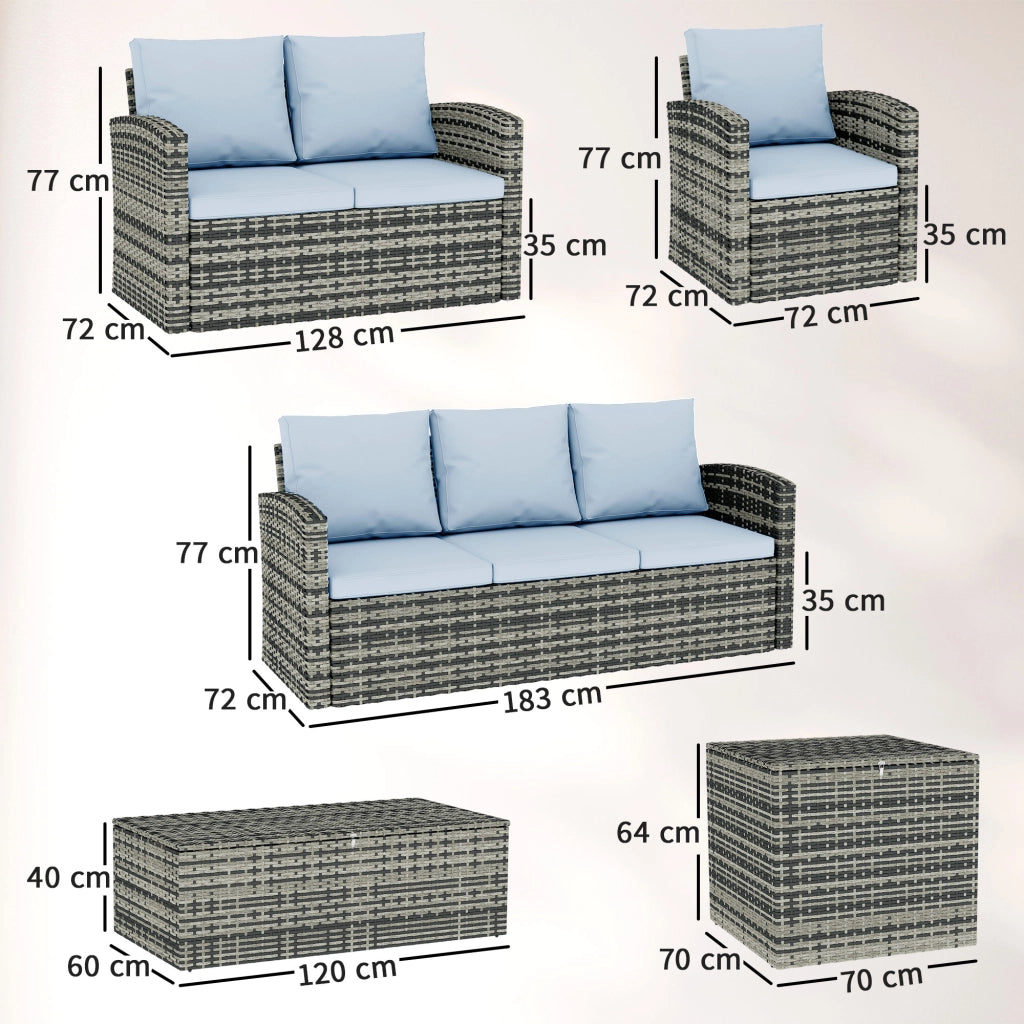 Set da Esterno 6 Pezzi con 2 Tavolini Contenitore, 2 Divani e 2 Poltrone, in Rattan e Acciaio, Grigio