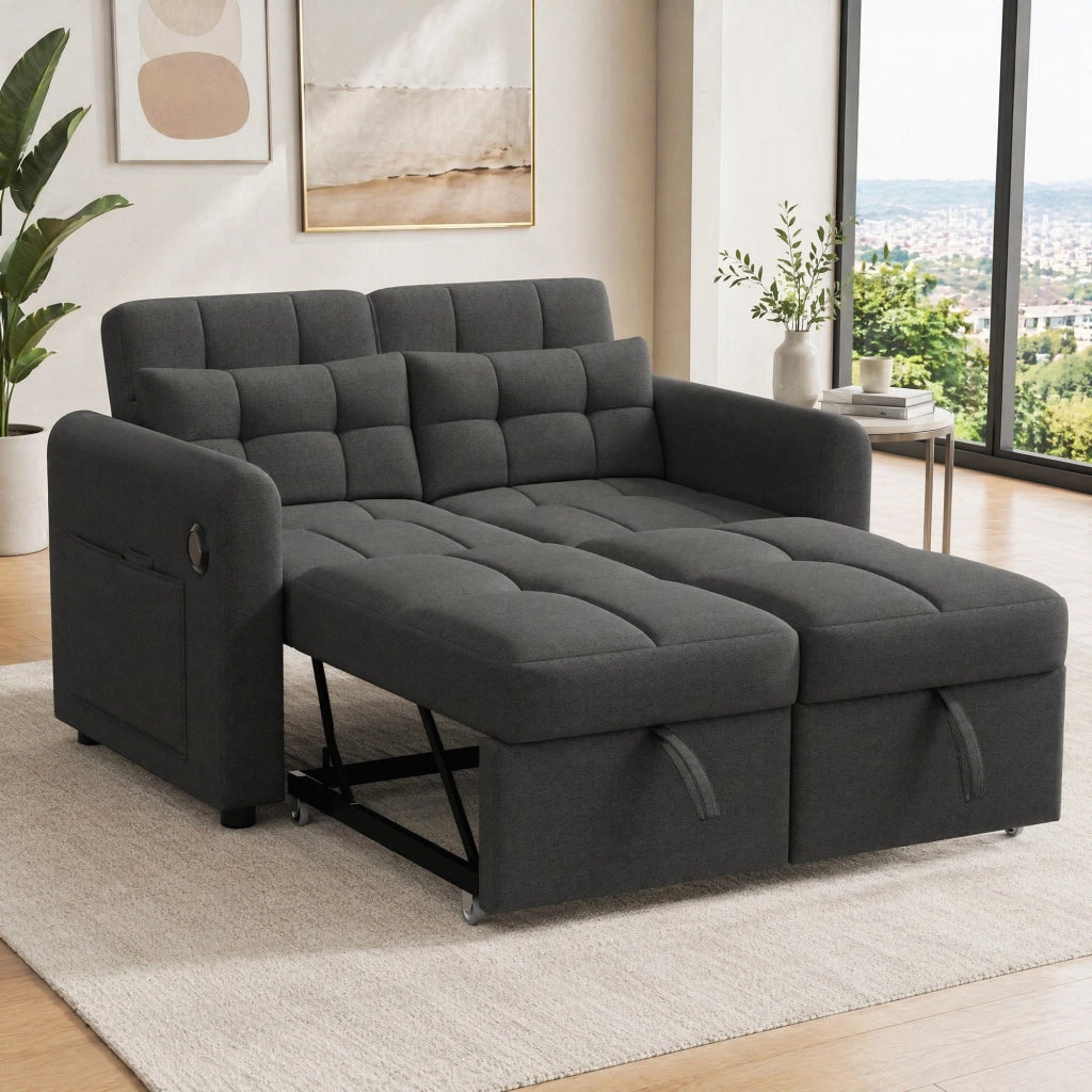 Divano letto 3-in-1 grigio con schienale reclinabile, porte USB e tasche laterali