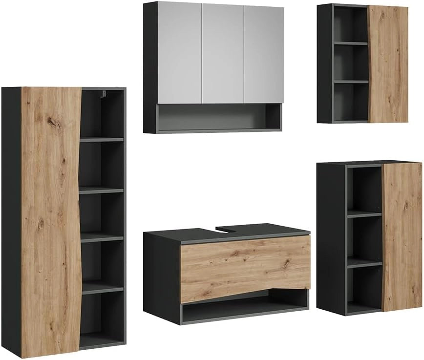 Set di mobili da bagno Willow, Artigiano, 80 cm, composto da mobile sottolavabo, specchiera, colonna, base media e pensile
