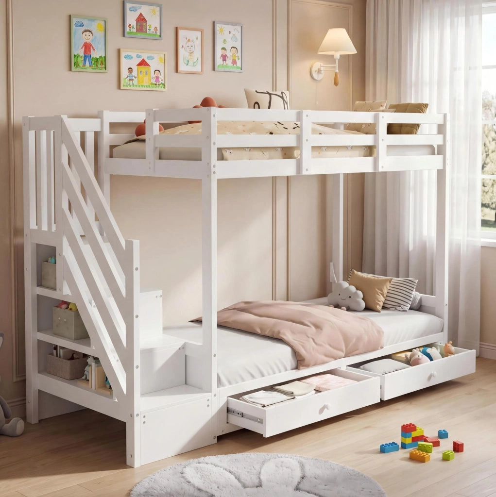 Letto a soppalco per bambini con divano regolabile; scaletta contenitore e 2 cassetti; 90x200 cm; bianco