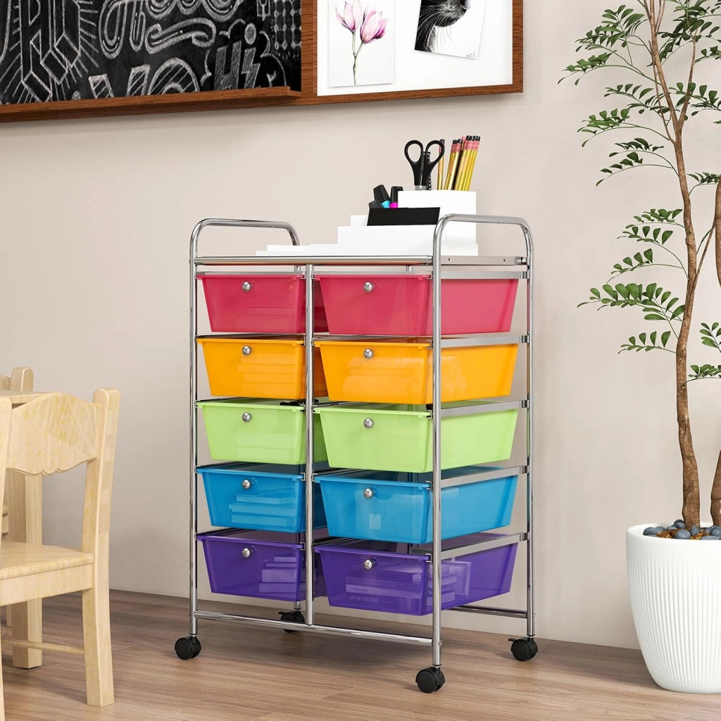 Carrello a 10 Cassetti con Ruote, di Stoccaggio con Stabilità Elevata, Multiuso per Casa Ufficio e Scuola, 65,5 x 37 x 87 cm(Arcobaleno)