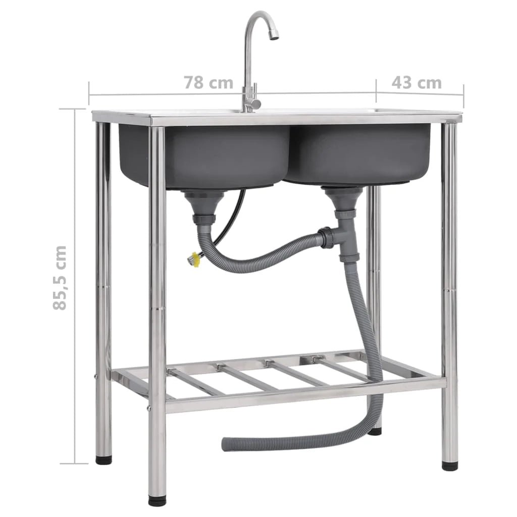Lavello da campeggio doppio lavello con rubinetto lavello da cucina lavello da garage lavello da esterno antivegetativo 78 x 43 cm acciaio inox 02_0002437