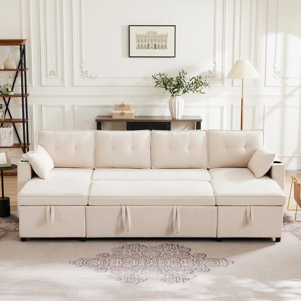 OKWISH Divano Letto Rivestito in Cotone e Lino, Divano a U con Contenitori, Portabicchieri, Tasche Laterali e Cuscini, Beige